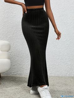 Orcajump - Solid Ribbed High Waist Skirt, Casual Ankle Length Bodycon Skirt, Women's Clothing Maxi Skirt Bodycon, Long Knit Skirt, Knit Skirt Outfit, Bodycon Maxi Skirt, Rok Outfit, Maxi Skirt Outfits, Maxi Rok, Skirt Casual, Rock Outfit