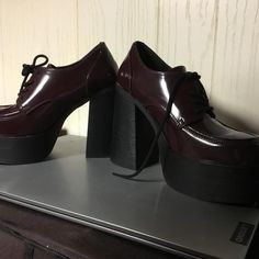 New Unworn Madden Girls Burgundy Chunky Heels Trendy Block Heels With Red Sole, Trendy Heels With Red Sole And Block Heel, Burgundy Synthetic Heels For Party, Burgundy Synthetic Party Heels, Burgundy Closed Toe Platform Heels, Burgundy Synthetic High Heels, Burgundy Heels For Night Out In Fall, Burgundy Heels For Fall Night Out, Trendy Ankle-high Heels With Red Sole