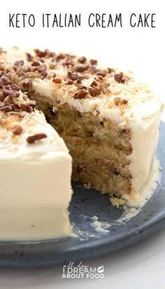 a close up of a cake on a plate with one slice taken out of it