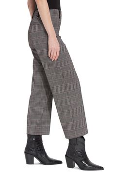 A classic houndstooth pattern adds to the chic style of stretchy, figure-hugging ponte pants that release into cropped wide legs below the knee. Faux-suede belt loops with gunmetal studs complete the look with a hint of edge. 27" inseam; 10" front rise; 15 1/2" back rise Pull-on style Back welt pockets Four-way-stretch fabric 53% polyester, 44% viscose, 3% elastane Machine wash, line dry Imported Chic Plaid Straight Leg Pants, Elegant Black Houndstooth Bottoms, Fall Cropped Wide Leg Work Pants, Elegant Plaid Wide-leg Pants, Chic Plaid Bottoms For Business Casual, Elegant High-waisted Plaid Pants, Black Wide Leg Bottoms With Houndstooth Pattern, Chic Plaid Wide Leg Pants, Chic Plaid Straight Leg Bottoms