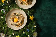 two white plates topped with pasta and an egg on top of green mossy ground