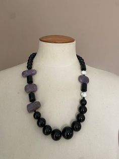 "Fun vintage 1980s dramatic necklace made of black, purple and white geometric shaped stones. This beauty has an 11.5\" drop and has a sterling silver hook closure. It is wonderful condition with no chips, cracks, or repairs. It is unsigned but a true gem nonetheless. It closes with a large chunky screw closure. I do combine shipping. Please contact me for a quote." Black Jewelry With Large Beads, Vintage Black Necklaces With Natural Stones, Beaded Necklace Black, Dramatic Necklace, Geometric Stone, Stone Beaded Necklace, Unisex Necklace, Teardrop Necklace, Necklace Black