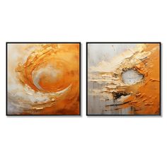 two abstract paintings, one in gold and the other in white with an orange swirl