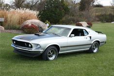 a silver mustang parked on top of a lush green field