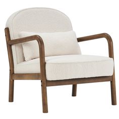 a white chair with a wooden frame and arm rests against a white background, it's upholstered