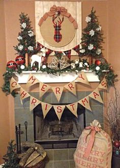 a fireplace decorated for christmas with stockings and decorations