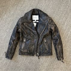 Leather Jacket From The Brand Eaves On Revolve. Brown Distressed Leather. Perfect Condition Never Worn. Fully Lined. Heavy And Great Quality. Designer Biker Jacket For Fall Events, Designer Outerwear For Biker Events In Fall, Worn Out Leather Jacket, Winter Brown Distressed Biker Jacket, Distressed Brown Moto Leather Jacket, Vintage Fitted Distressed Brown Biker Jacket, Unique Leather Jacket, Edgy Brown Leather Biker Jacket, Vintage Brown Distressed Biker Jacket