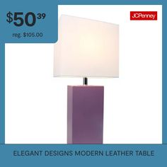 a purple table lamp with a white shade on it and the words elegant designs modern leather table