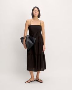 The Gauze Tiered Dress Black – Everlane Tiered Dress, Blue Opal, Jumpsuit Dress, Dress Length, Spaghetti Strap, Colorful Dresses, Top Brands, Organic Cotton, Black Dress