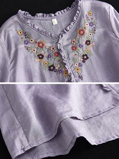 Material: 100% Ramie Collar: O neck Pattern: Floral Highlight: Embroidered Season: Spring, Summer Embroidered Long Sleeve T-shirt For Summer, Casual Purple Blouse With Floral Embroidery, Spring Tops With Contrast Embroidery And Short Sleeves, Spring Short Sleeve Tops With Contrast Embroidery, Short Sleeve Tops With Contrast Embroidery For Spring, Casual Embroidered Purple Blouse, Casual Purple Embroidered Blouse, Casual Long Sleeve Top With Contrast Embroidery, Spring Purple Embroidered Cotton Top