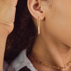 Elegant 14k Solid Yellow Gold Paperclip Flat Link Earrings Quality: 14k Solid Gold Weight: 2.71 Dwt (4.21 Grams) Dimensions: 33.85x4.95 Mm Surface Finish: Polished Formal Minimalist Gold Plated Clip-on Earrings, Modern 14k Gold Everyday Linear Earrings, Modern 14k Gold Linear Pierced Earrings, Minimalist Tarnish-resistant Clip-on Earrings For Formal Events, Modern 14k Gold Linear Earrings, Classic Yellow Gold Earrings For Work, Minimalist Drop Clip-on Earrings For Formal Occasions, Minimalist Paperclip Chain Dangle Earrings, Elegant Gold Earrings For Workwear