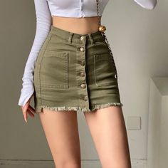 Summer High Waist Anti-glare Denim Skirt Design Sense Single-breasted Half-length Skirt Army Green Street Hakama Dress Double Layer Skirt, High Waisted Denim Skirt, Green Street, Slim Denim, Crop Top Blouse, Skirt Design, Denim Mini, Denim Mini Skirt, Skirt Outfits