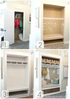 four pictures showing how to organize an organized closet for the kids's playroom