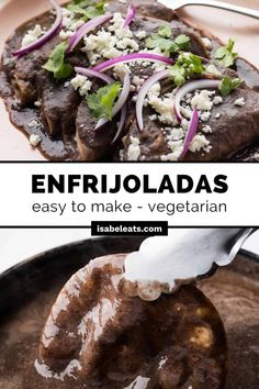 an enfrjoladas is being spooned into a bowl with meat and vegetables