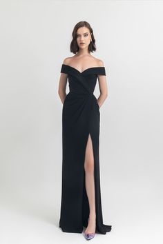 Her Trove -Side slit crepe off shoulder gown Gemy Maalouf, Marchesa Couture, Dress With Draping, Gown Rental, Off Shoulder Gown, Midi Dress Style, Unique Prom Dresses, Dress Cuts, Creative Director