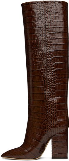 Knee-high croc-embossed leather boots in brown. · Pointed toe · Grained leather lining · Covered block heel with rubber injection · Leather sole · Heel: H3.25 Supplier color: Cioccolato Leather Crocodile Pattern Boots For Work, Leather Boots With Crocodile Pattern For Work, Round Toe Shoes, Black Boots Tall, Paris Texas, Pointed Toe Boots, Slouched Boots, Boots Knee, Tall Boots