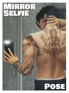 an image of a man with tattoos on his back holding a cell phone in front of him