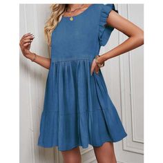 95% Polyester 5%Spandex Blue Tiered Dress Blue Casual Mini Dress With Ruffle Hem, Blue Summer Dress With Ruffle Sleeves, Blue Ruffle Sleeve Mini Dress For Beach, Blue A-line Mini Dress With Ruffle Hem, Casual Blue Mini Dress With Flutter Sleeves, Casual Solid Blue Dress, Blue Ruffle Sleeve Dress For Spring, Blue Ruffle Sleeve Dresses For Day Out, Blue Flowy Dress With Flutter Sleeves