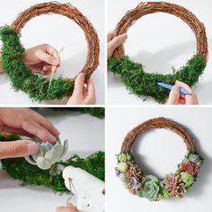 the process of making a wreath with fake succulents and flowers on it