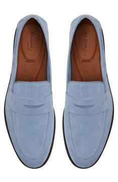 Pillowy cushioning and a flexible outsole mean supreme comfort in this supple suede loafer that's a classic for work or the weekend. Cushioned footbed Leather and textile upper/synthetic lining/rubber sole Imported Lofar Shoes For Men, Blue Suede Loafers, Mens Loafers, Gentleman Shoes, Shoe Ideas, Fashion Suits For Men, Fashion Suits, Mens Wear, Modern Gentleman