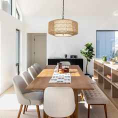 a dining room table with chairs around it