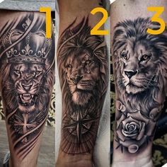 three different tattoos on the legs of people with lions, roses and arrows in them