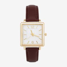 The American Exchange ladies analog watch featuring a square shiny gold-tone metal case, this timepiece offers a chic contrast against the rich brown PU leather strap. The precise quartz movement ensures accurate timekeeping, while the buckle closure provides a secure and adjustable fit. Perfect for adding a touch of elegance to both casual and formal outfits, this watch is a versatile accessory for any wardrobe.Number of Batteries: 1Features: Analog, Quick ShipBattery Type: Silver OxideJewelry Women’s Watch, Watches Women Simple, Watches Women Leather, Formal Outfits, Analog Watch, Classic Watches, Watch Movement, Schmidt, Work Outfits