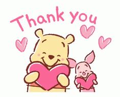 a winnie the pooh holding a heart with a baby in front of it that says thank you