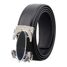 Black and Silver Mens Adjustable Ratchet Slide Buckle Belt - Genuine. Designer Black Belt Buckles With Belt Included, Adjustable Black Belts With Silver Buckle, Adjustable Black Belt With Silver Buckle, Black Adjustable Belt With Silver Buckle, Designer Black Belt Buckles For Business, Luxury Adjustable Belt For Business, Designer Black Belt For Business, Black Leather Belt Buckles With Silver Buckle, Luxury Adjustable Leather Belt Buckles