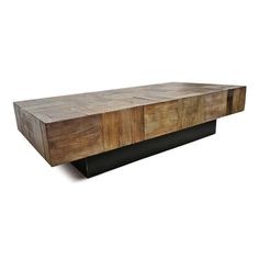 a wooden table with black metal legs and a large wood slab on the top, against a white background