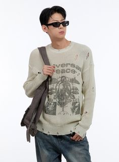 mens-destroyed-graphic-knit-ig428 / Light beige Distressed Long Sleeve Sweater For Streetwear, Grunge Knit Crew Neck Sweater, Distressed Crew Neck Sweater For Winter, Winter Distressed Crew Neck Sweater, Casual Distressed Sweater For Streetwear, Distressed Cotton Top For Winter, Spring Grunge Sweater, Distressed Long Sleeve Cotton Sweater, Distressed Relaxed Fit Long Sleeve Sweater