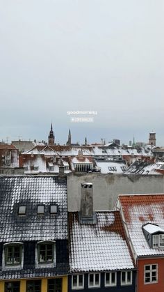 rooftops covered in snow with buildings and spires behind them on a cloudy day