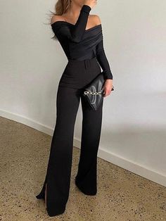 🚚FREE Shipping on orders over $60 ✨ use Code: "Mylook" for Extra Discount at checkout Gender: Women Type: Bottoms Feature: One Word Collar, Long Sleeve, Slit Material: Polyester Style: Casual/Fashion Color: Black Size: S, M, L, XL Please Note: All Dimensions Are Measured Manually With A Deviation Of 1 To 3cm. Elegantes Party Outfit, Black Jumpsuit Outfit, Elegantes Outfit Damen, Outfit Elegantes, Chique Outfit, Chique Outfits, Outfit Chic, Jumpsuit Outfit, Romper Outfit