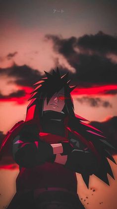 an anime character standing in front of the sunset with his arms crossed and eyes closed