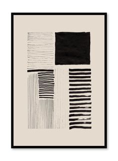 an abstract black and white painting with stripes