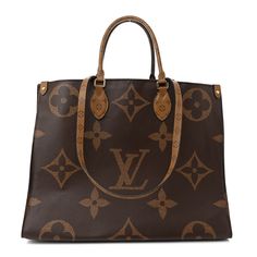 This is an authentic LOUIS VUITTON Reverse Monogram Giant Onthego GM. This tote features oversized and classic versions of the Louis Vuitton monogram printed in light and dark brown on coated canvas. The bag features rolled top handles and long shoulder straps that can be tucked away inside the bag, accented with polished gold-toned hardware. The top is open to a red fabric interior with zipper and patch pockets. Louis Vuitton Monogram Bag, Louis Vuitton Totes, Louis Vuitton Empreinte, Louis Vuitton Damier Azur, Louis Vuitton Shoulder Bag, Louis Vuitton Damier Ebene, Monogram Bag, Monogram Prints, Light And Dark