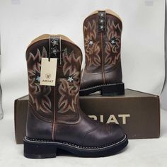 Brand: Ariat Description: Women's Probaby Boots In Color Driftwood Brown. These Were A Return That Have Been Tried On. They Have A Few Little Scuffs And Creases. Style 10001132 100% Leather Imported Rubber Sole Fatbaby Style Toe 10" Height These Cowgirl Style Riding Boots Are Made For High Performance And A Western Look. The Stylish Detailed Six-Row Stitch Pattern With Star Embroidery Accents On The Shaft Looks Fresh With A Hint Of The Old School. These Ariat Cowgirl Boots Provide Maximum Comfort And Absorb Foot Pressure Using Ats Technology. The Round Toe Boots Hold The Foot For Exceptional Support And Balance No Matter You Are Standing, Walking, Or Running. The Western Boots For Women Are Cowgirl Boots Round Toe, Style Riding Boots, Western Boots For Women, Ariat Cowgirl Boots, Western Riding Boots, Round Toe Boots, Ariat Shoes, Western Look, Star Embroidery