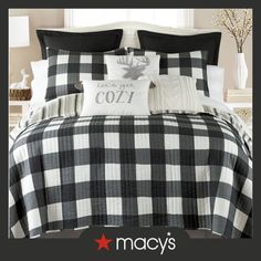 a black and white plaid comforter set with pillows