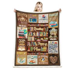 a woman is holding up a book shelf blanket that has books on it and the words,