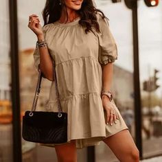 Women Casual Loose Elegant Mini Dress Summer Short Sleeve Party Pleated A Line Dress Plus Size Kleid Chic Non-stretch Puff Sleeve Dresses, Solid Color Half Sleeve Dress For Beach, Non-stretch Knee-length Mini Dress For Brunch, Non-stretch Ruffled Mini Dress For Day Out, Elegant Half Sleeve Mini Dress For Summer, Casual Solid Color Mini Dress With Puff Sleeves, Casual Solid Color Puff Sleeve Mini Dress, Non-stretch Solid Color Mini Dress With Short Sleeves, Solid Color Shift Dress With Half Sleeves