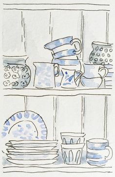 a drawing of pots and plates on a shelf