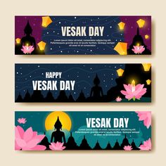 three happy vesak day banners with buddhas and lotus flowers in the night sky