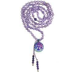 Enjoy this hand-knotted mala necklace made with lavender amethyst gemstones and a stainless steel tree of life charm. The mala can be worn as a necklace or used for meditation.Amethyst has healing powers to help with physical ailments, emotional issues, and in Energy Healing and balancing the crown chakra.The Mala necklace is made of high quality gemstones;- 108 beads (8mm) - amethyst gemstones- 37.7x29.4mm stainless steel rainbow tree of life pendant- gold plated spacers- Necklace hangs approx. Lavender Natural Stones Jewelry For Meditation, Amethyst 8mm Beads Jewelry For Meditation, Spiritual Tree Of Life Necklace For Meditation, Lavender Spiritual Jewelry With 8mm Beads, Lavender Spiritual Jewelry With Beads, Spiritual Lavender Jewelry With 8mm Beads, Amethyst Necklace With 108 Beads For Gifts, Purple Crystal Necklace For Meditation, Amethyst Necklace With 108 Beads As A Gift