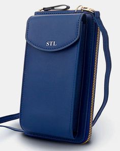 a blue cell phone case with the name stl on it's front pocket