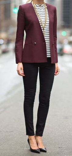 Pair a burgundy blazer with a simple striped top and black trousers for a chic office look. Maroon Blazer, Look Office, Mode Costume, Work Chic, Professional Attire, Outfit Trends, Interview Outfit, Professional Dresses