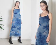 "00s blue mesh [fully lined] maxi dress> thunder storm graphics | slightly pinned to fit model | label> best life material> size> xxl < fit like [women's] M bust> 84cm waist> 78cm hips> 90cm length> 135cm condition> excellent vintage condition> gently used | model is 174 cm [5'8\"] and measures 80-56-90 cm [31\"-22\"-35\"] |" 90s Mesh Maxi Dress, Tiger Mist Maxi Dress, Blue Sleeveless Sheer Maxi Dress, Tie-dye Maxi Beach Dress, Festival Tie-dye Maxi Kaftan, Am I In Love, Buckle Shoes, Cheetah Print, Clothing Items