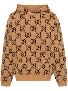 camel brown wool blend knitted construction signature GG Supreme pattern classic hood long sleeves ribbed cuffs and hem front pouch pocket Gucci Sweatshirt, Gucci Hoodie, Gucci Pouch, Wool Hoodie, All Over Pattern, Versace Outfit, Sport Swimwear, Jewelry Luxury, Pocket Model