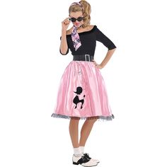 a woman wearing a pink poodle skirt and black shirt