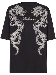 black cotton embroidered Dragon motif at the front embroidered logo at the chest rhinestone embellishment round neck drop shoulder short sleeves straight hem Designer T-shirt With Embroidered Logo For Streetwear, Luxury Short Sleeve T-shirt With Embroidered Logo, Luxury Embroidered Logo T-shirt For Streetwear, Luxury Black Short Sleeve T-shirt, Luxury Embroidered Cotton Tops, Dragon Sleeve, Embroidered Dragon, Dragon Motif, T Shirt Vest