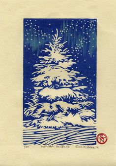 a blue and white christmas card with a pine tree